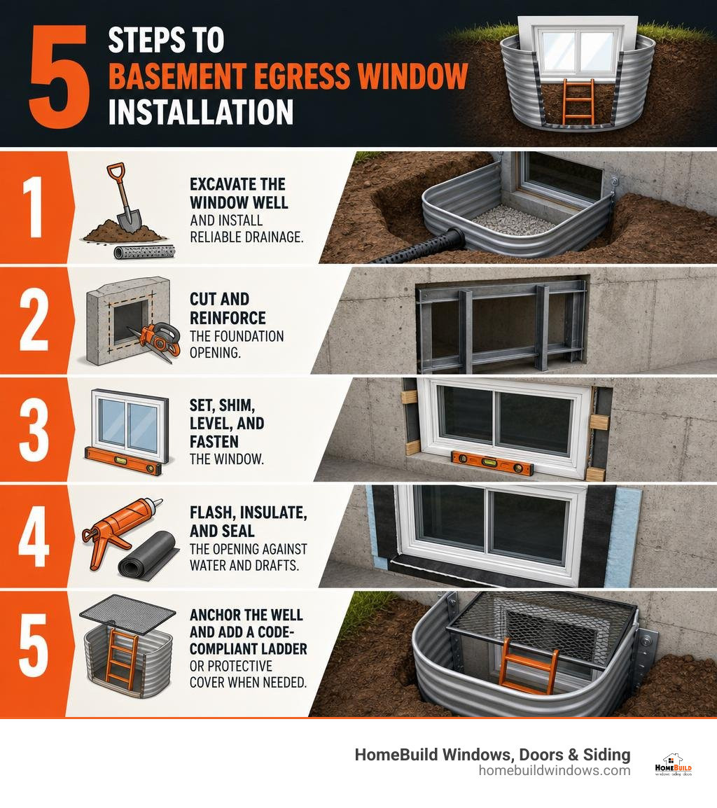 Infographic showing five steps of basement egress window installation infographic