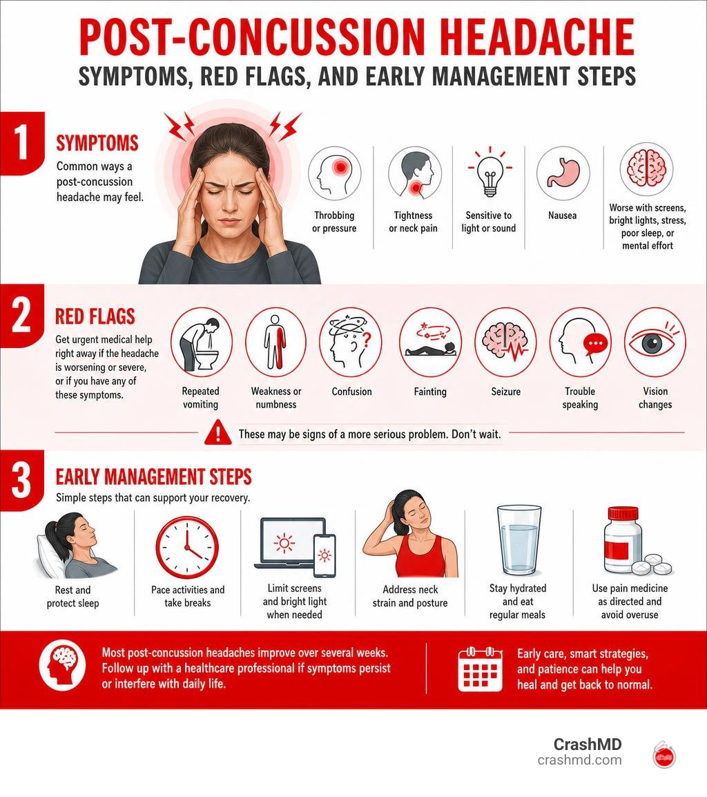 Post-concussion headache symptoms, red flags, and early management steps infographic Post-concussion headache symptoms, red flags, and early management steps infographic
