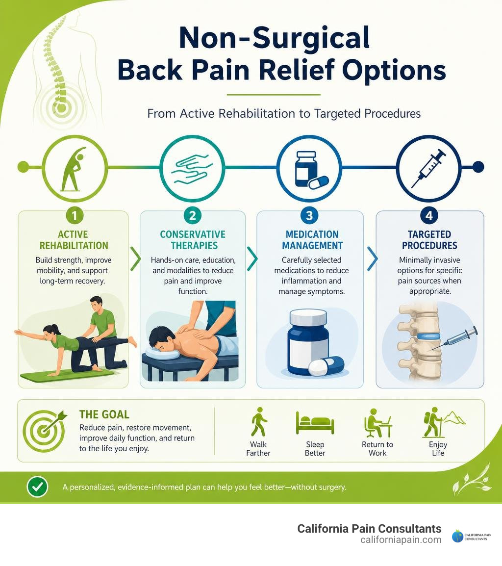 Non-surgical back pain relief options from active rehabilitation to targeted procedures infographic Non-surgical back pain relief options from active rehabilitation to targeted procedures infographic