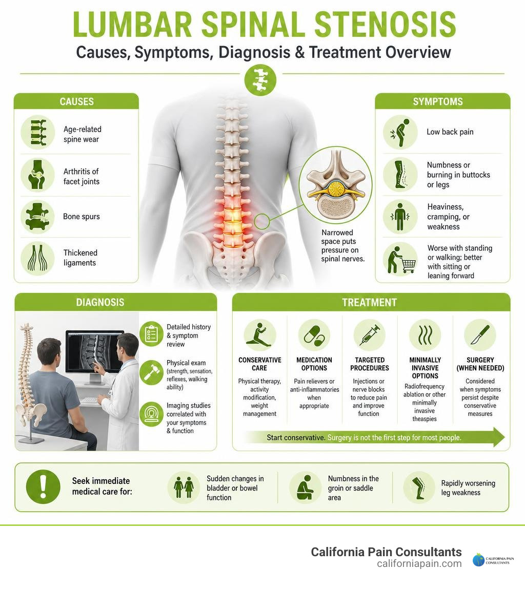 Lumbar spinal stenosis causes, symptoms, diagnosis, and treatment overview infographic