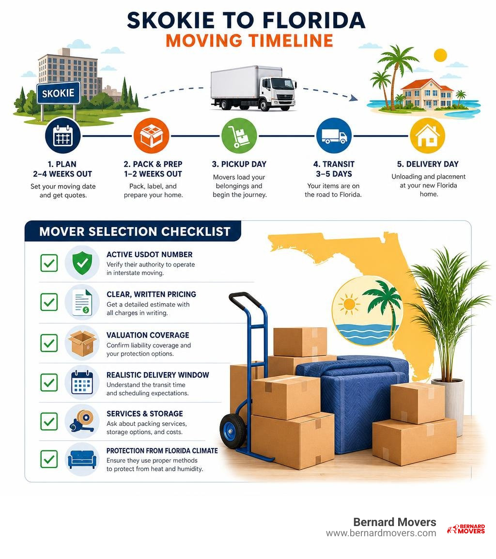 Skokie to Florida moving timeline and mover selection checklist infographic Skokie to Florida moving timeline and mover selection checklist infographic
