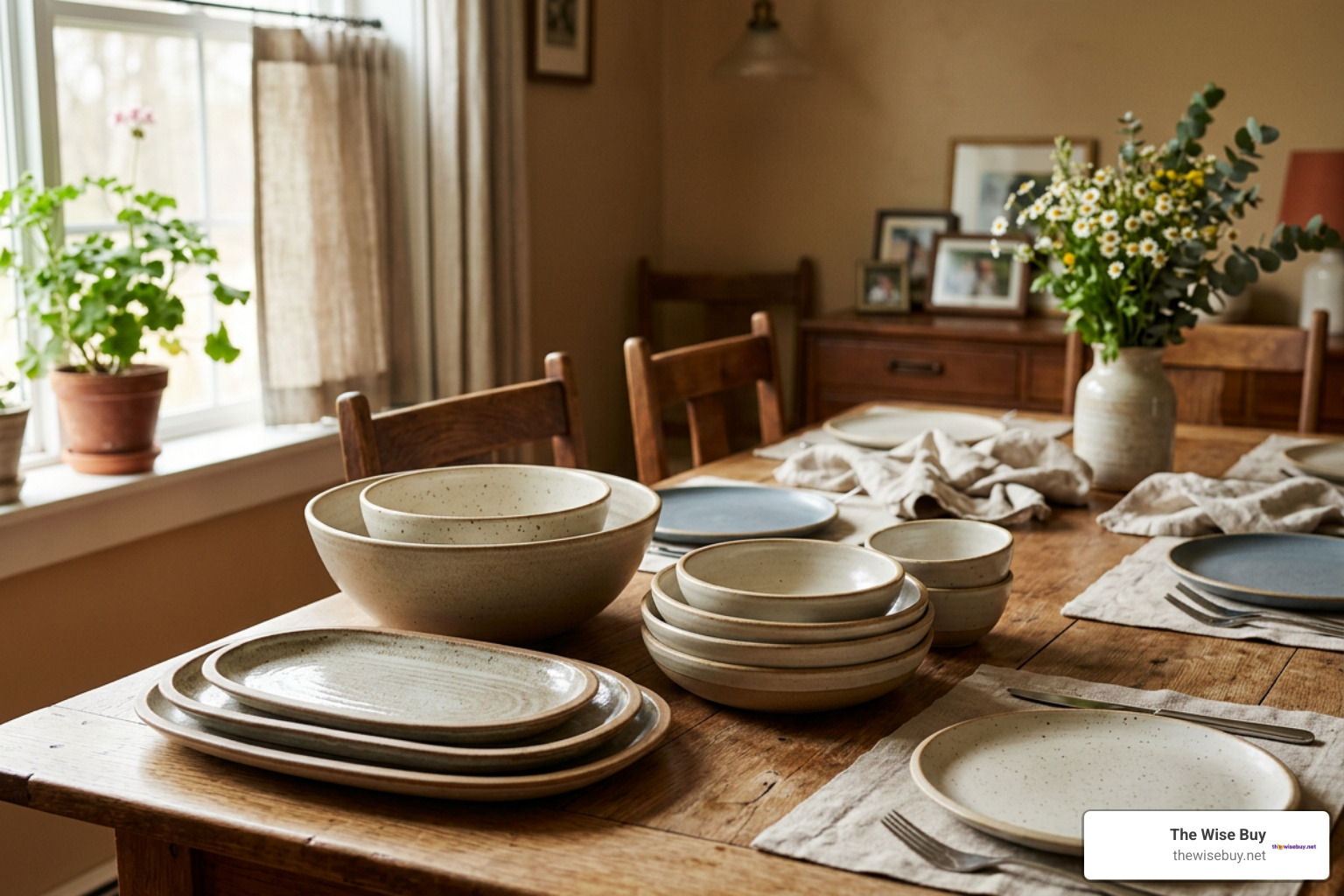 nested ceramic bowls and platters on a dining table ready for dinner