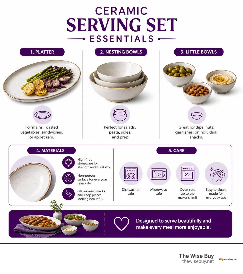 Ceramic serving set essentials: platter, nesting bowls, little bowls, materials and care infographic