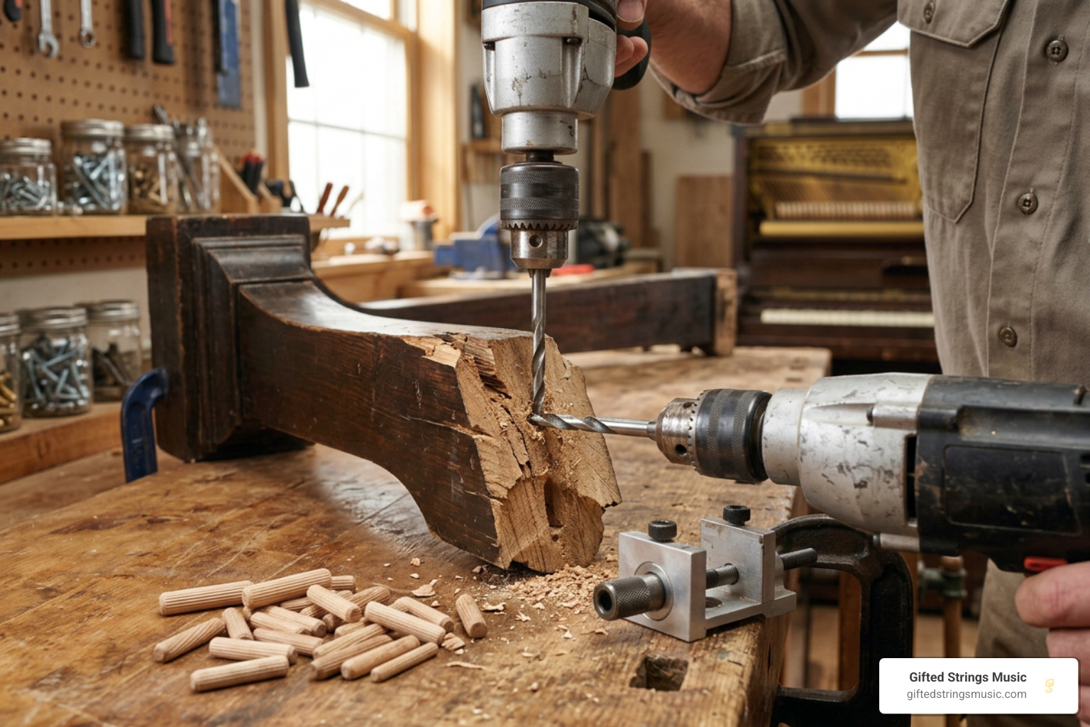 Drilling vertical guide holes for fluted hardwood dowels in piano leg repair