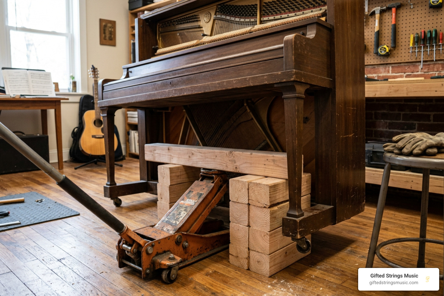 Proper positioning of hydraulic jack and safety blocks under upright piano keybed