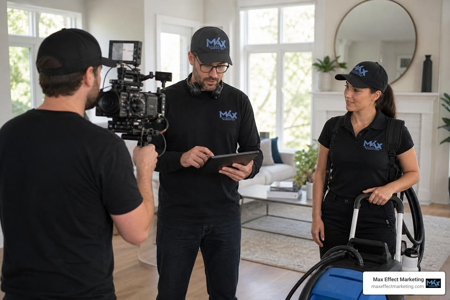 Production crew filming a professional cleaning technician on a residential set