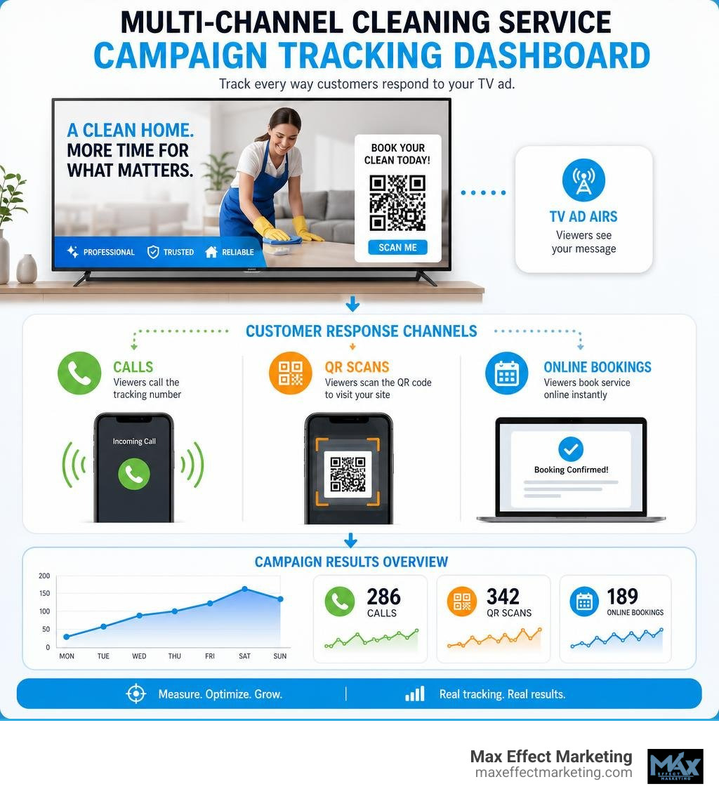 Multi-channel cleaning service campaign tracking dashboard showing calls, QR scans, and online bookings infographic