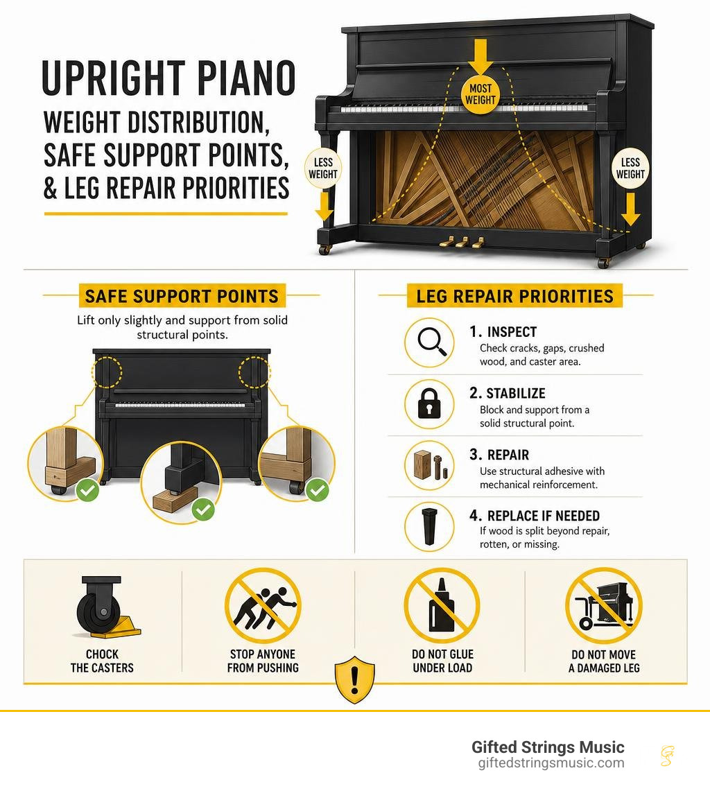 Upright piano weight distribution, safe support points, and leg repair priorities infographic
