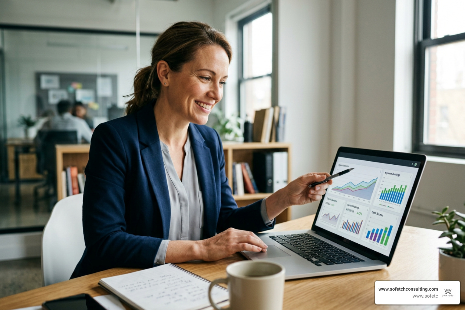 Small business owner reviewing organic website growth and search traffic analytics Small business owner reviewing organic website growth and search traffic analytics