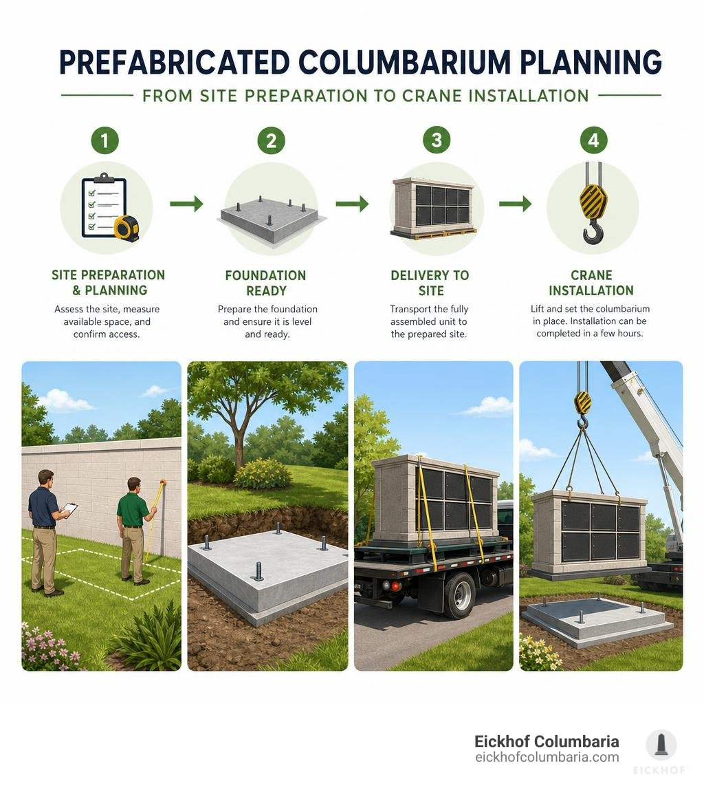 Prefabricated columbarium planning from site preparation to crane installation infographic