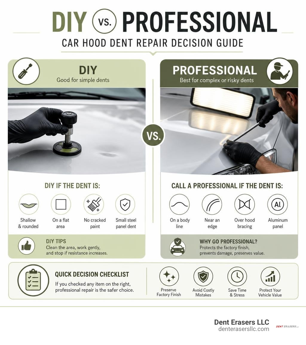 DIY versus professional car hood dent repair decision guide infographic Diy Versus Professional Car Hood Dent Repair Decision Guide Infographic