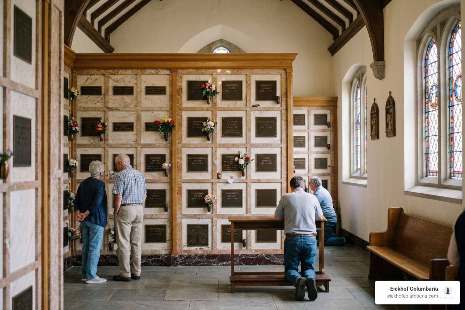 Indoor columbarium niche wall in church chapel
