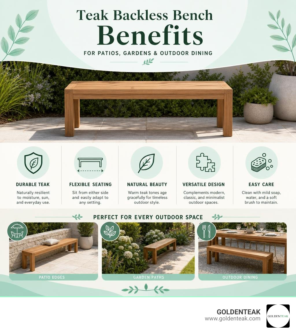Teak backless bench benefits for patios gardens and outdoor dining infographic
