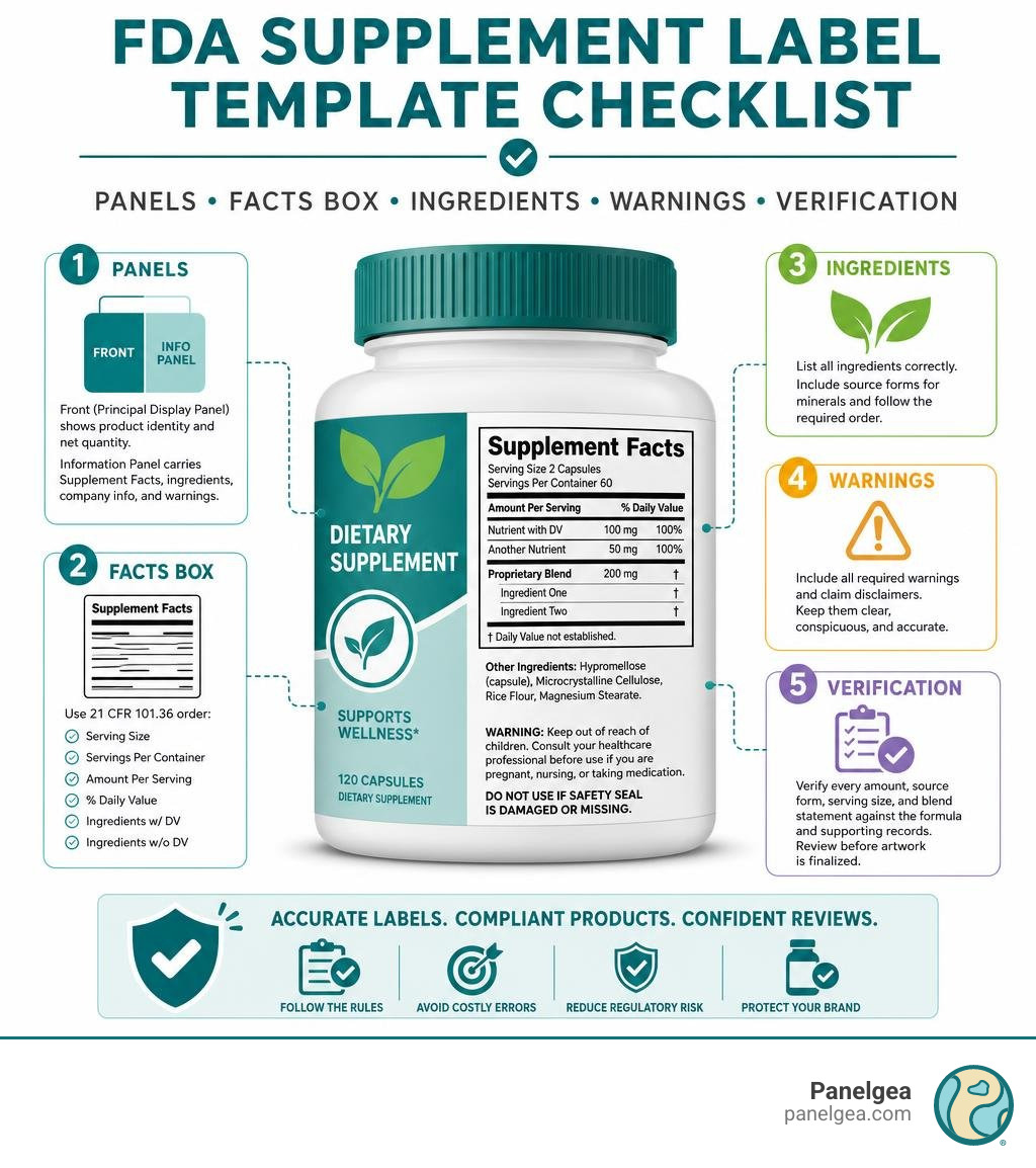 FDA supplement label template checklist: panels, facts box, ingredients, warnings, verification infographic FDA supplement label template checklist: panels, facts box, ingredients, warnings, verification infographic