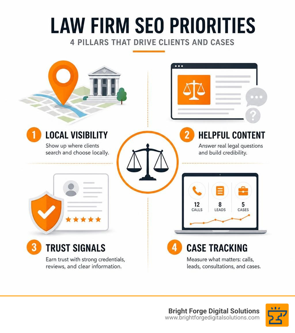 Law firm SEO priorities: local visibility, helpful content, trust signals, and case tracking infographic