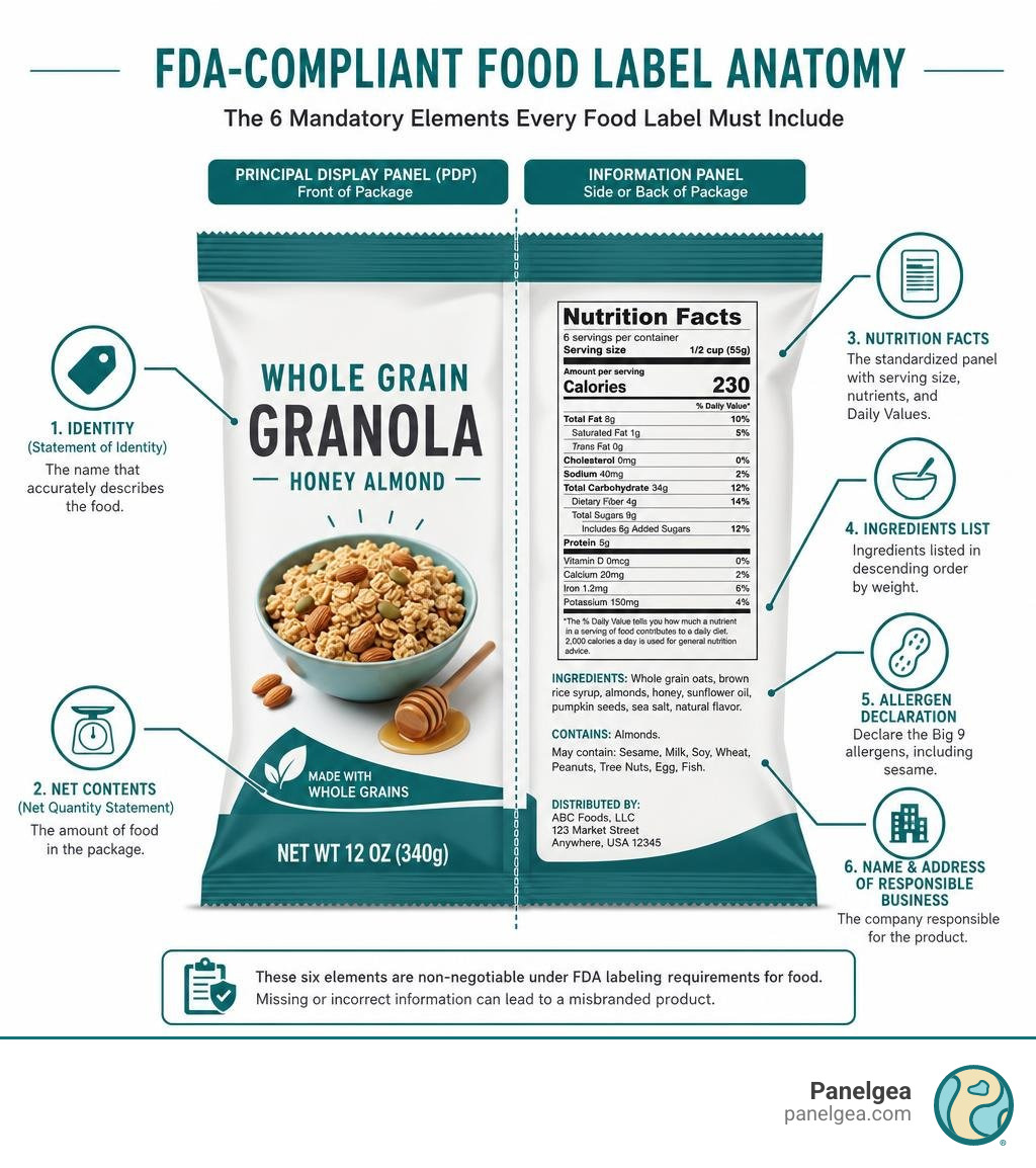 FDA-compliant food label anatomy: identity, net contents, Nutrition Facts, ingredients, allergens, address infographic FDA-compliant food label anatomy: identity, net contents, Nutrition Facts, ingredients, allergens, address infographic