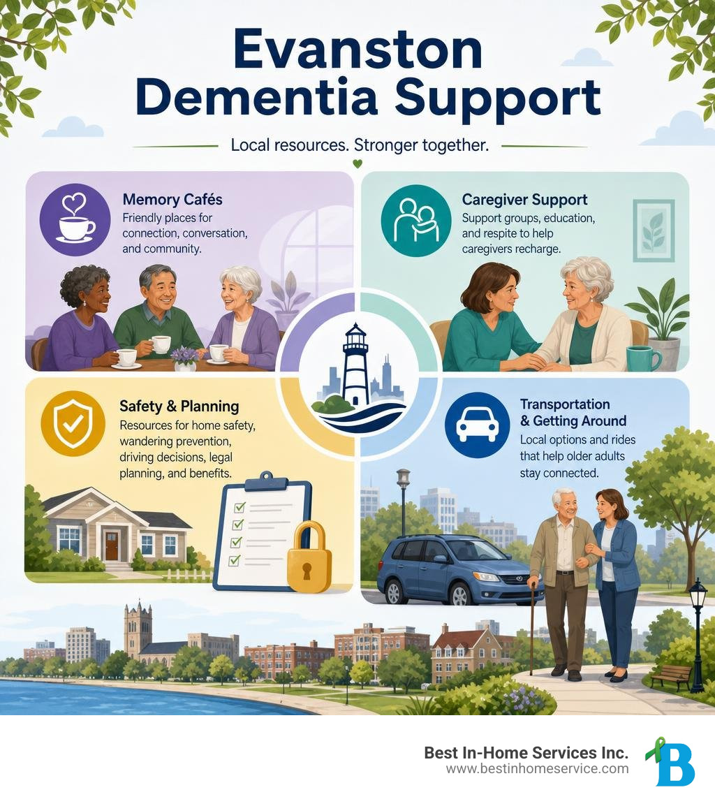 Infographic showing Evanston dementia resources: cafes, caregiver support, safety and transportation infographic