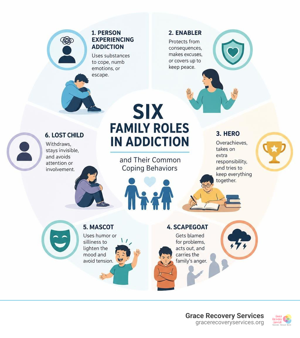 Six family roles in addiction and their common coping behaviors infographic