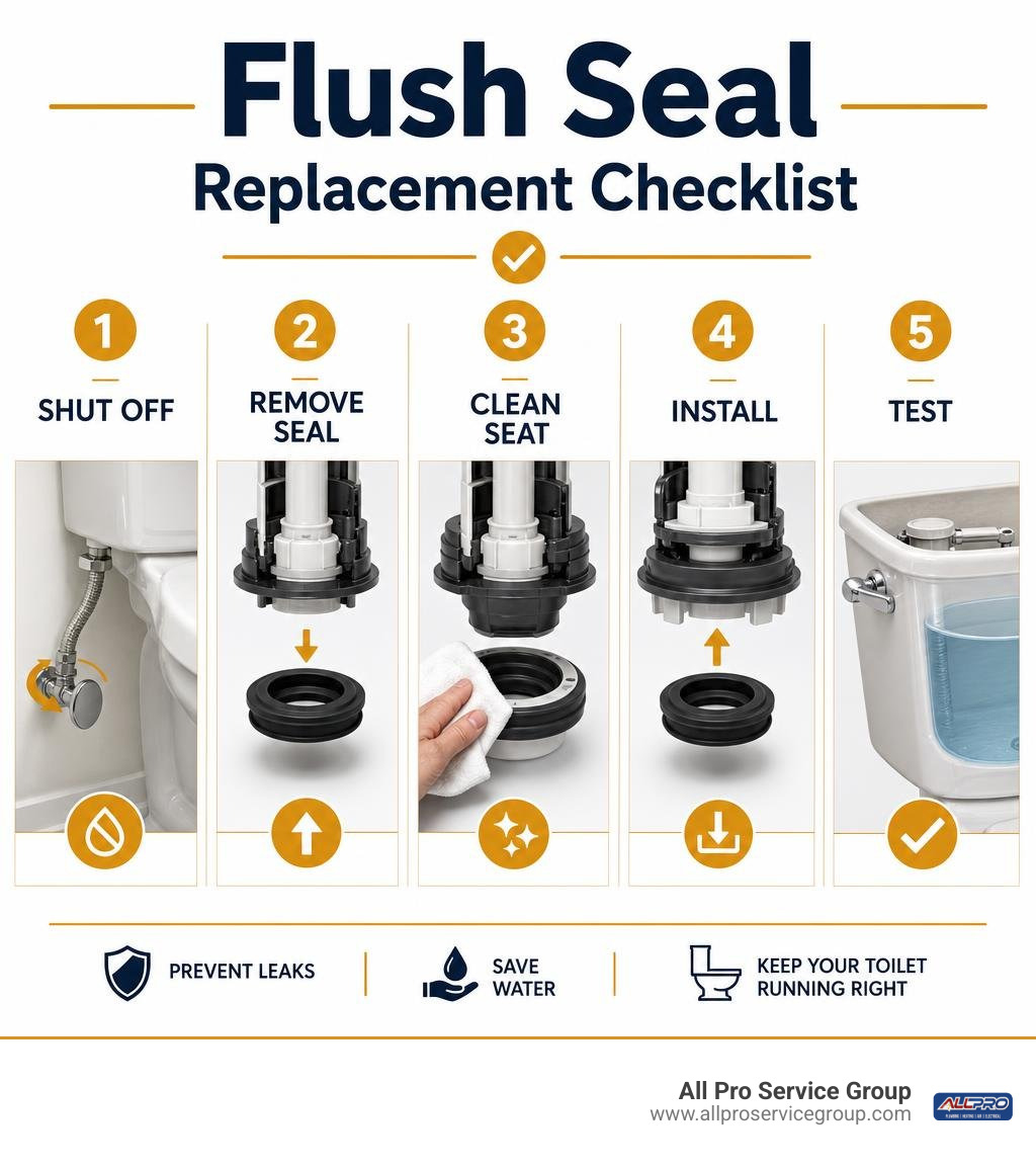 Flush seal replacement checklist: shut off, remove seal, clean seat, install, test infographic Flush seal replacement checklist: shut off, remove seal, clean seat, install, test infographic