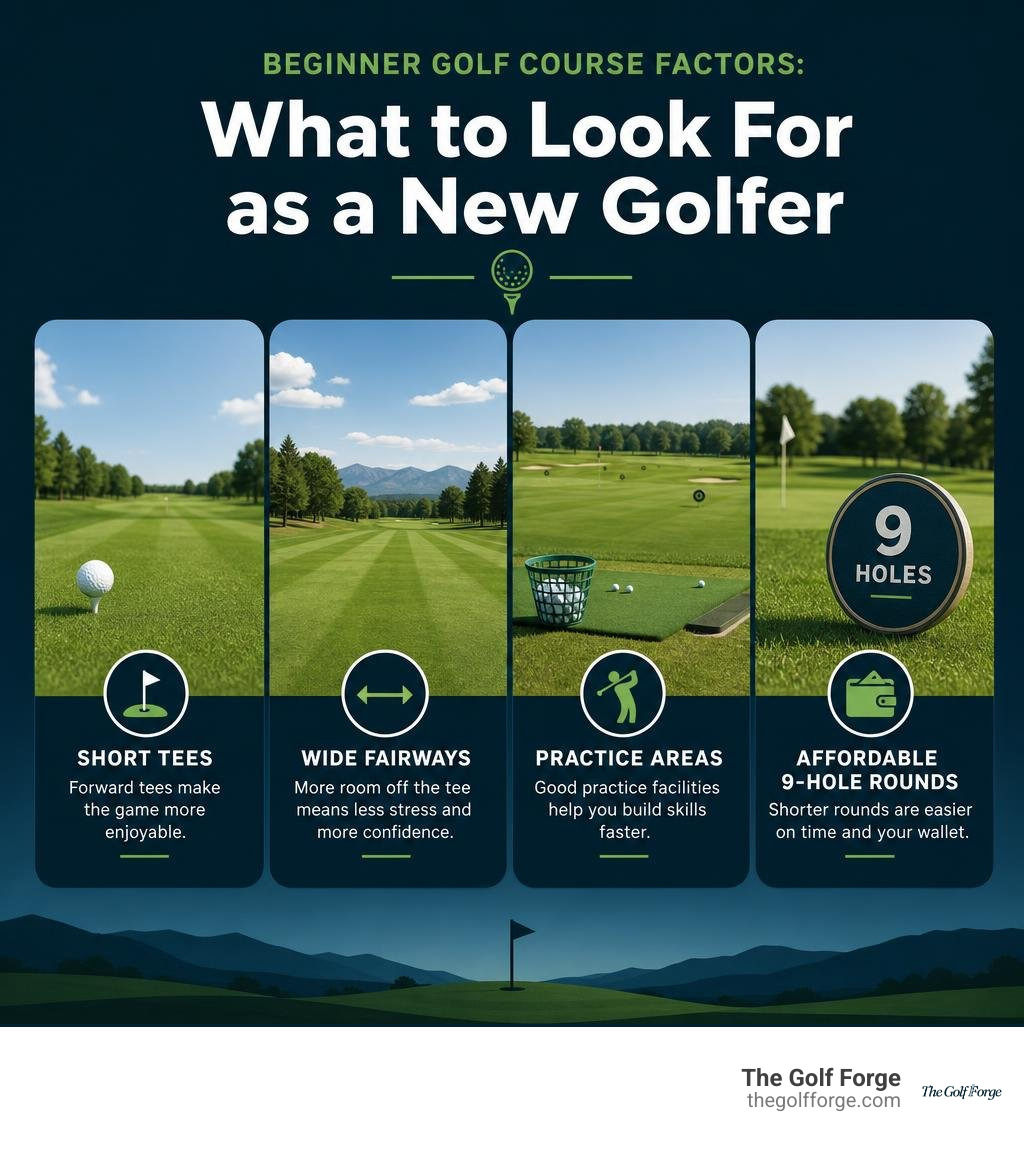 Beginner golf course factors: short tees, wide fairways, practice areas, and affordable 9-hole rounds infographic