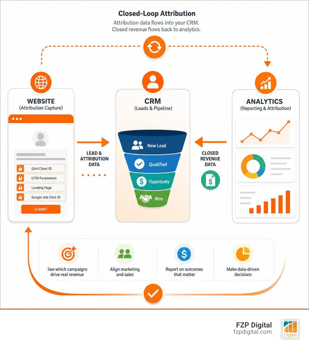 Infographic showing website attribution data flowing into CRM and closed revenue returning to GA4 infographic Infographic showing website attribution data flowing into CRM and closed revenue returning to GA4 infographic