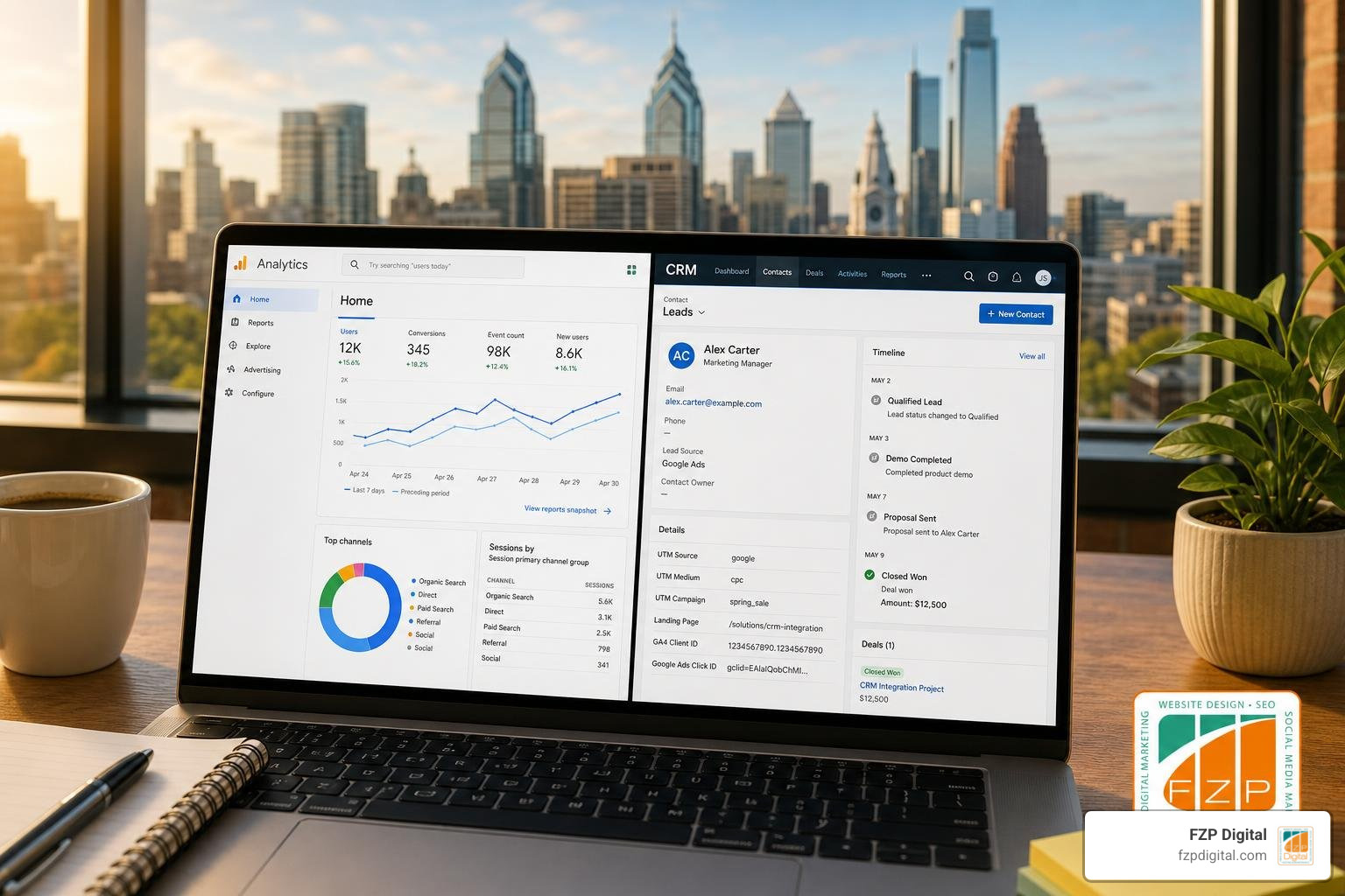 CRM integration with Google Analytics featuring the FZP Digital logo CRM integration with Google Analytics featuring the FZP Digital logo