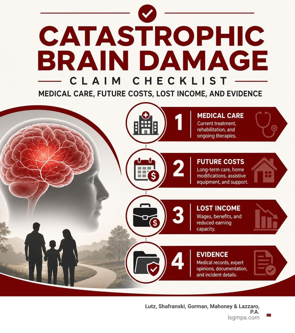 Catastrophic brain damage claim checklist: medical care, future costs, lost income, and evidence infographic