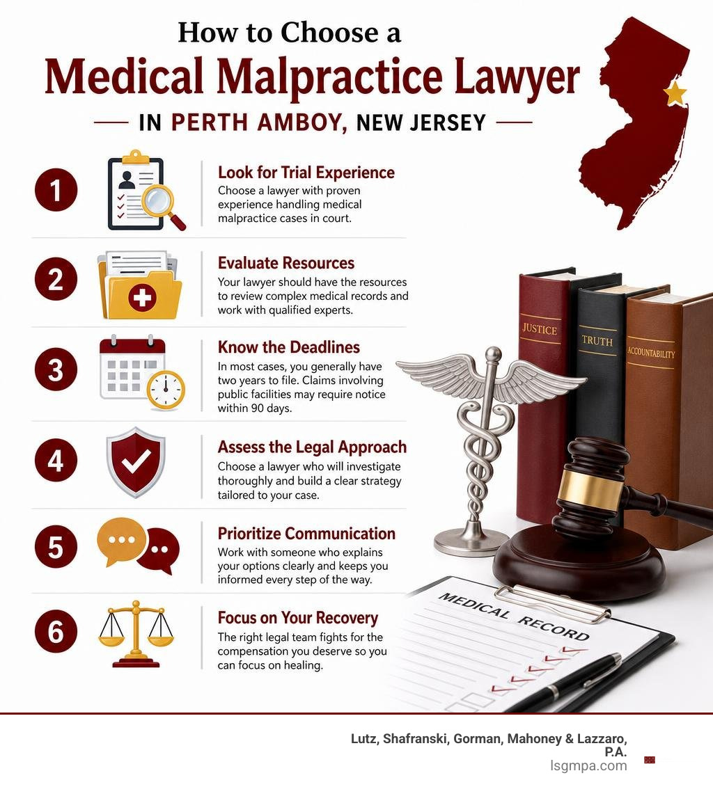 Infographic showing key steps for choosing a New Jersey medical malpractice lawyer infographic Infographic showing key steps for choosing a New Jersey medical malpractice lawyer infographic