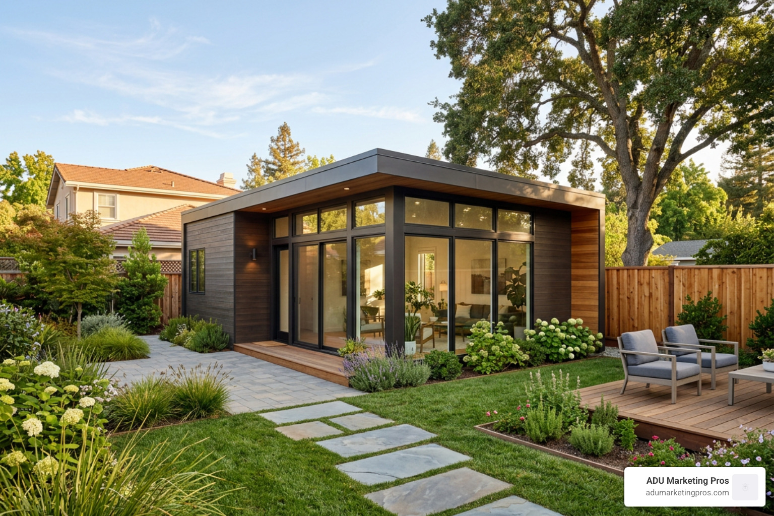 A modern custom backyard small home exterior with floor-to-ceiling windows