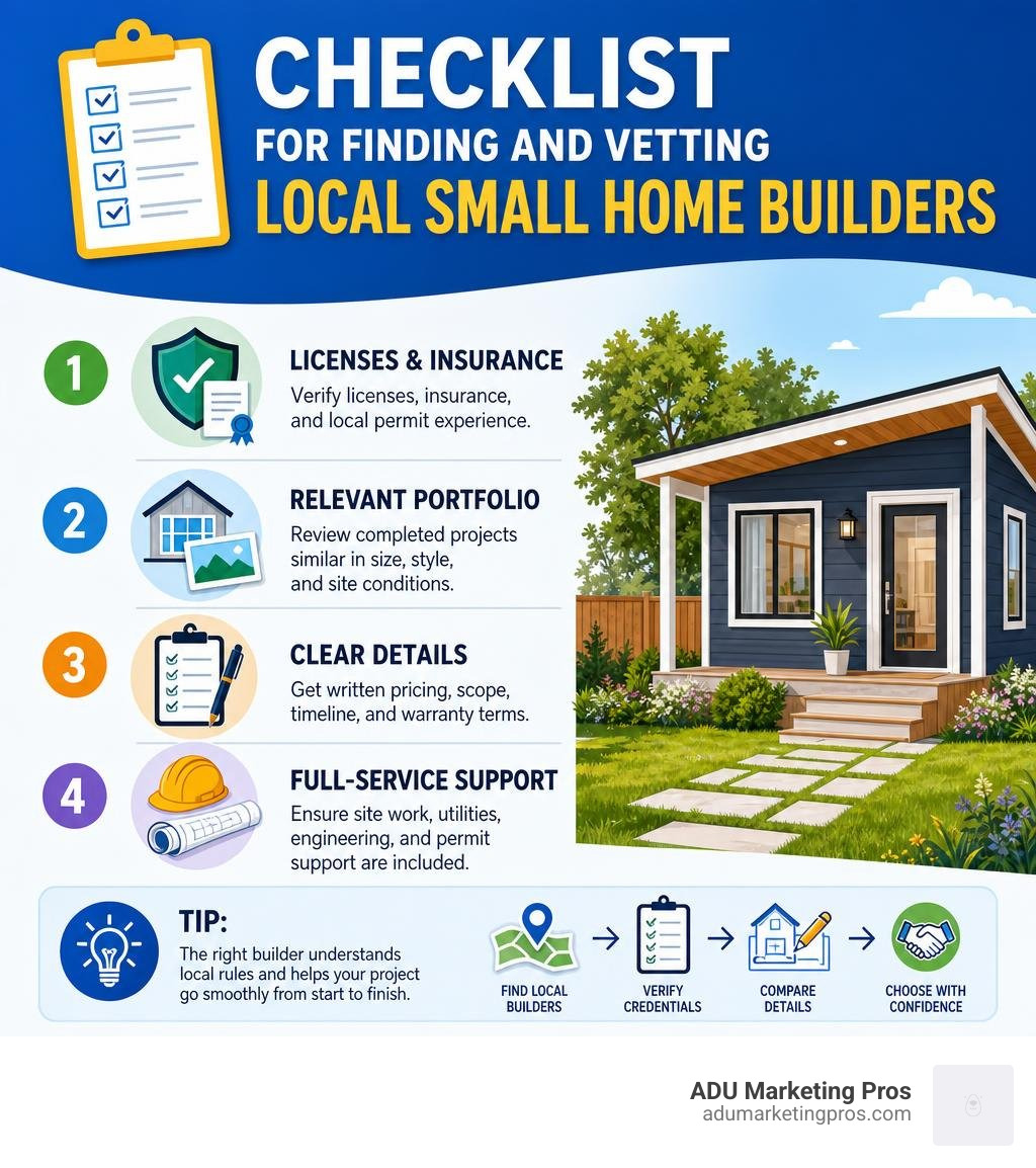 Checklist for finding and vetting local small home builders infographic