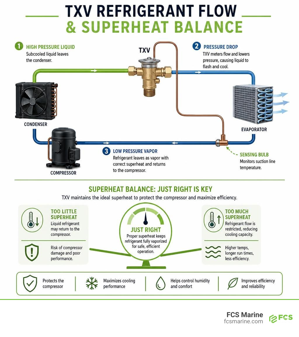 TXV refrigerant flow and superheat balance infographic