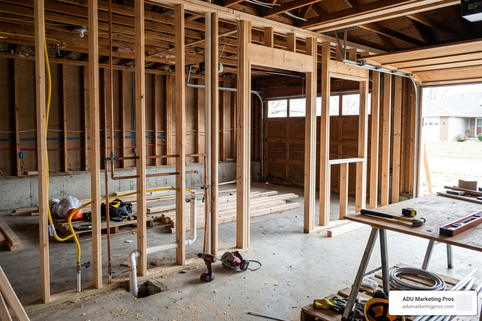 Active interior framing and rough-in plumbing in a garage conversion