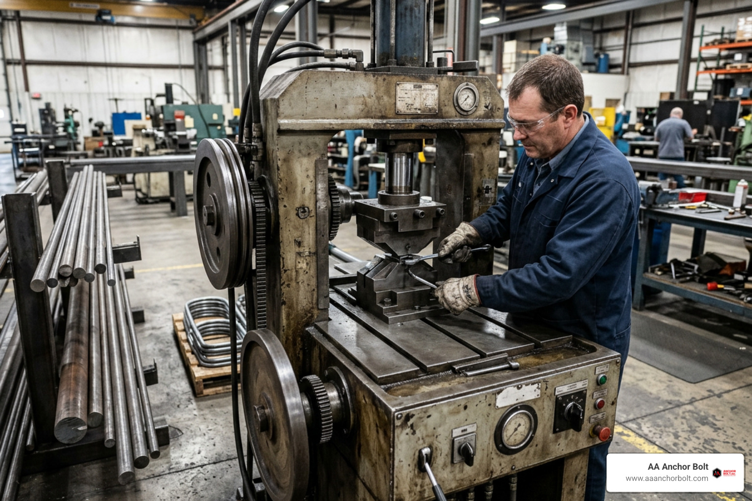 Operator calibrating forming dies for heavy rod stock