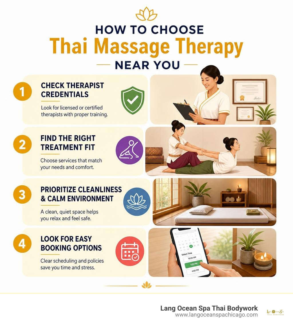 How to choose Thai massage therapy near you: therapist credentials, treatment fit, cleanliness, booking infographic How to choose Thai massage therapy near you: therapist credentials, treatment fit, cleanliness, booking infographic