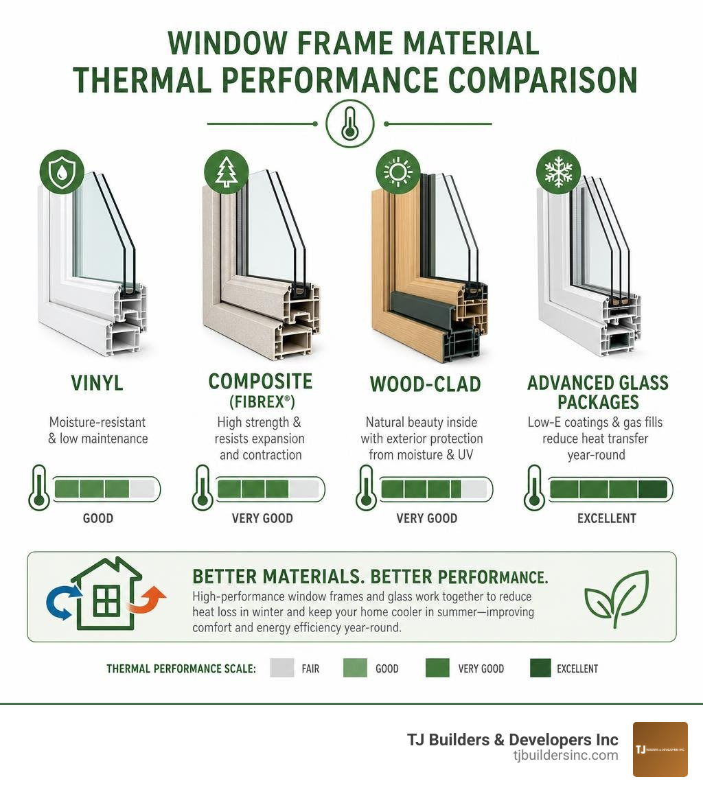 Window frame material thermal performance comparison infographic Window frame material thermal performance comparison infographic
