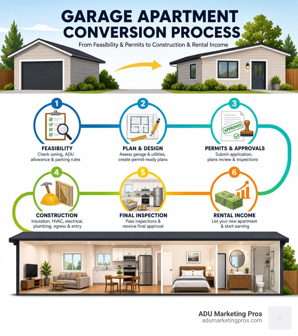 Garage apartment conversion process from feasibility and permits to construction and rental income infographic