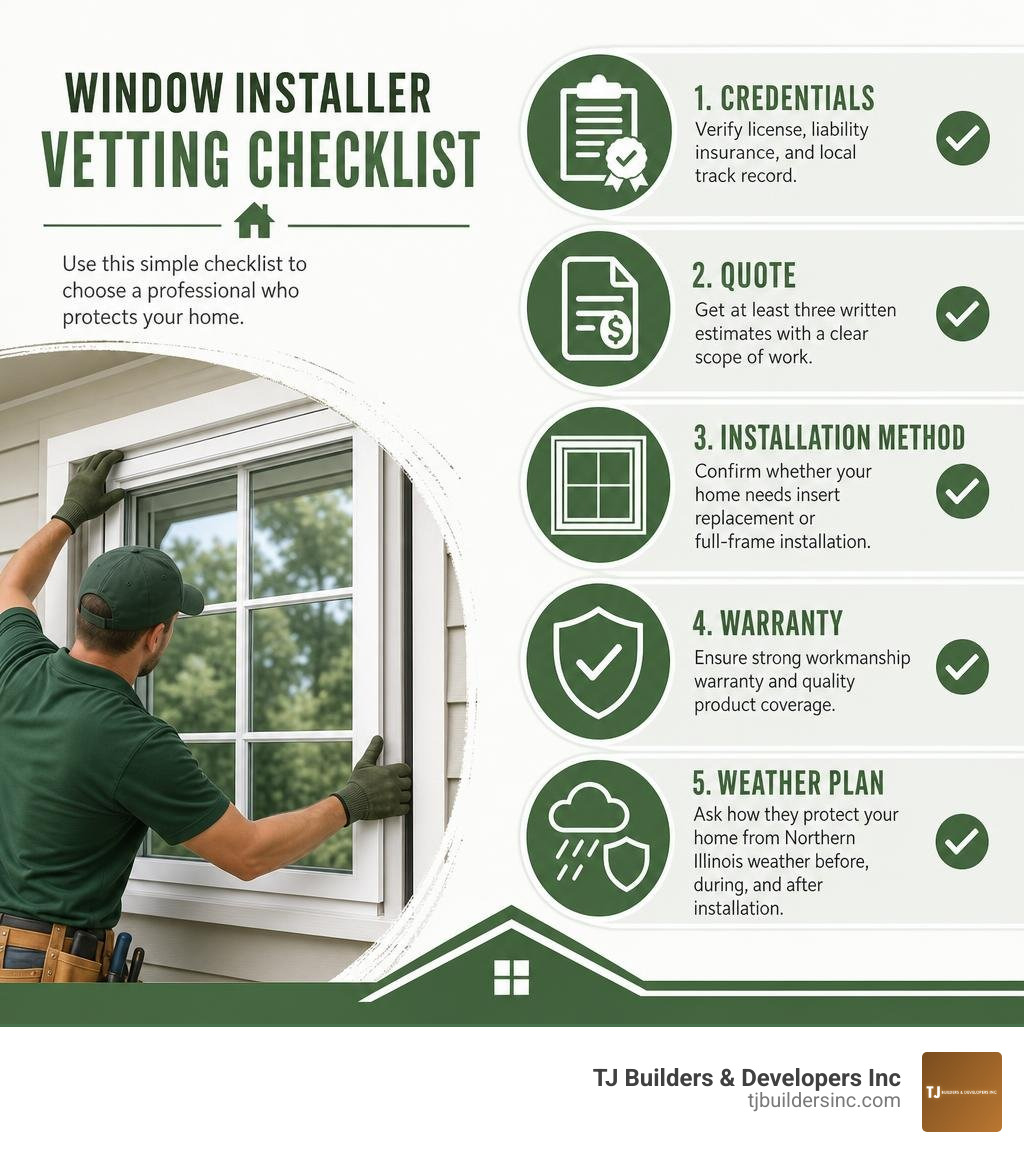 Window installer vetting checklist: credentials, quote, installation method, warranty, weather plan infographic Window installer vetting checklist: credentials, quote, installation method, warranty, weather plan infographic