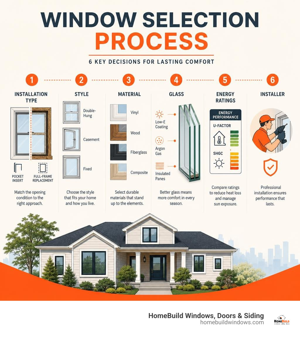 Window selection process: installation type, style, material, glass, energy ratings, installer infographic