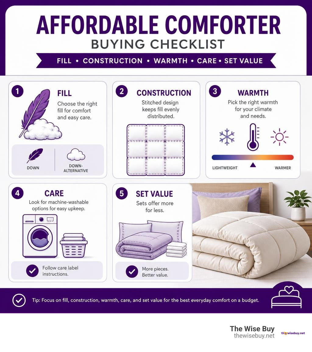 Affordable comforter buying checklist for fill construction warmth care and set value infographic