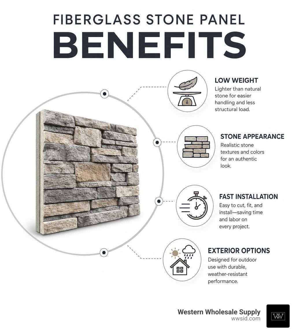 Fiberglass stone panel benefits: low weight, stone appearance, fast installation, exterior options infographic Fiberglass stone panel benefits: low weight, stone appearance, fast installation, exterior options infographic