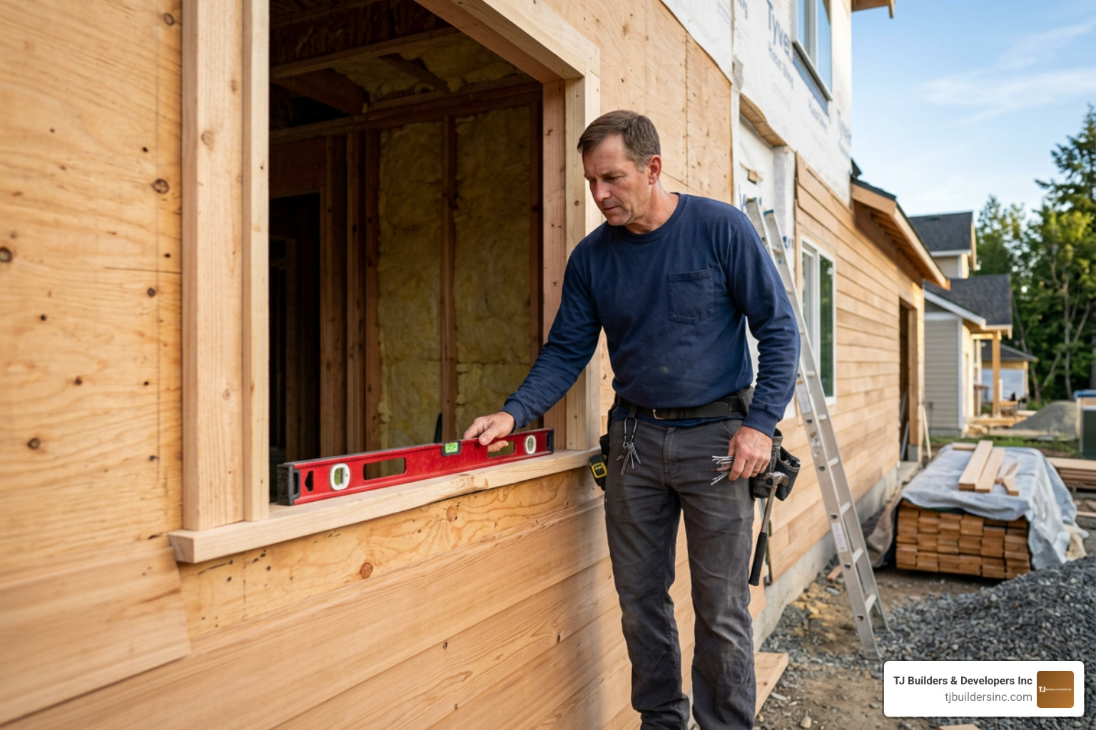 Professional window technician measuring rough opening with precision level Professional window technician measuring rough opening with precision level
