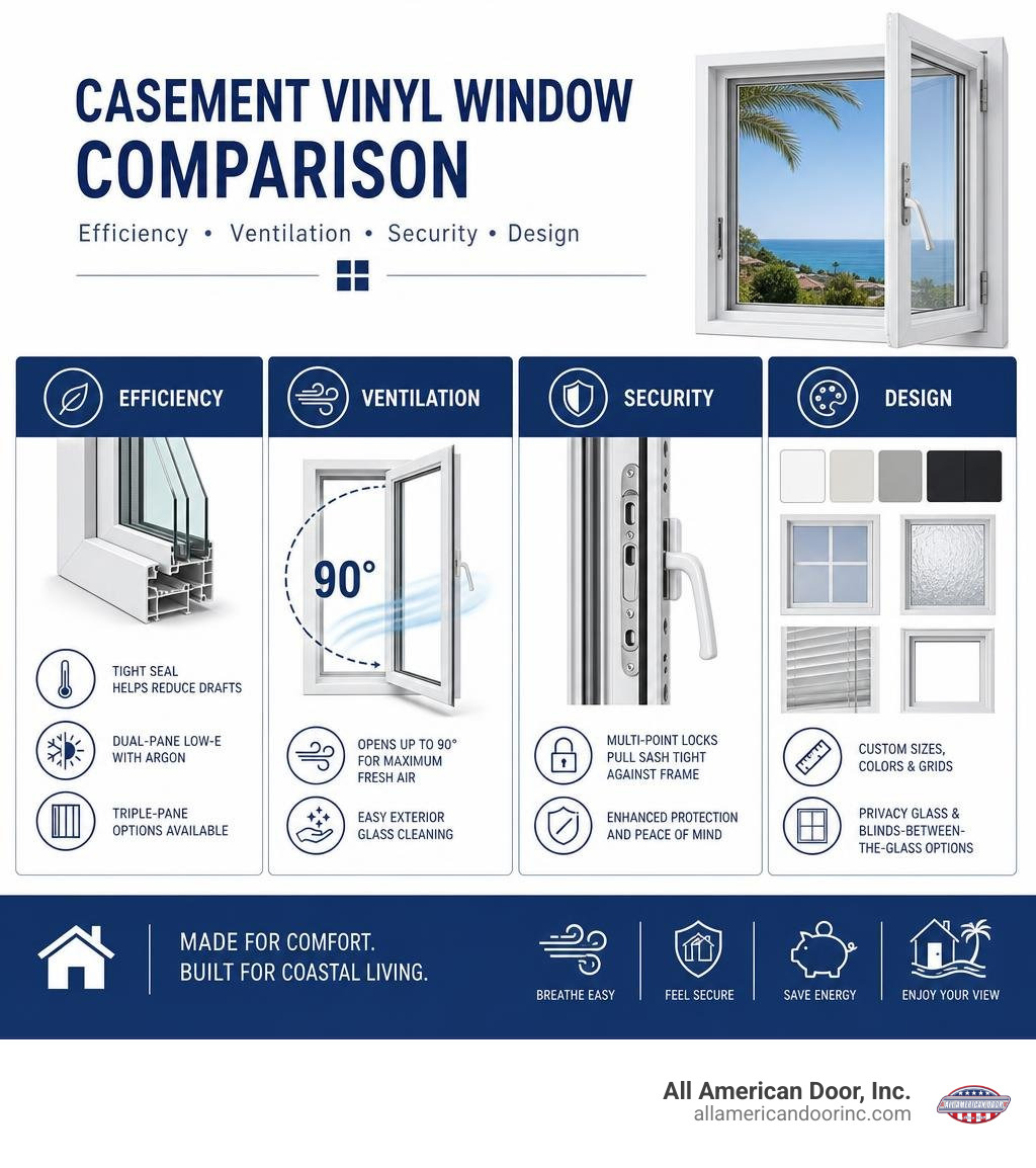 Casement vinyl window comparison for efficiency ventilation security and design infographic Casement vinyl window comparison for efficiency ventilation security and design infographic