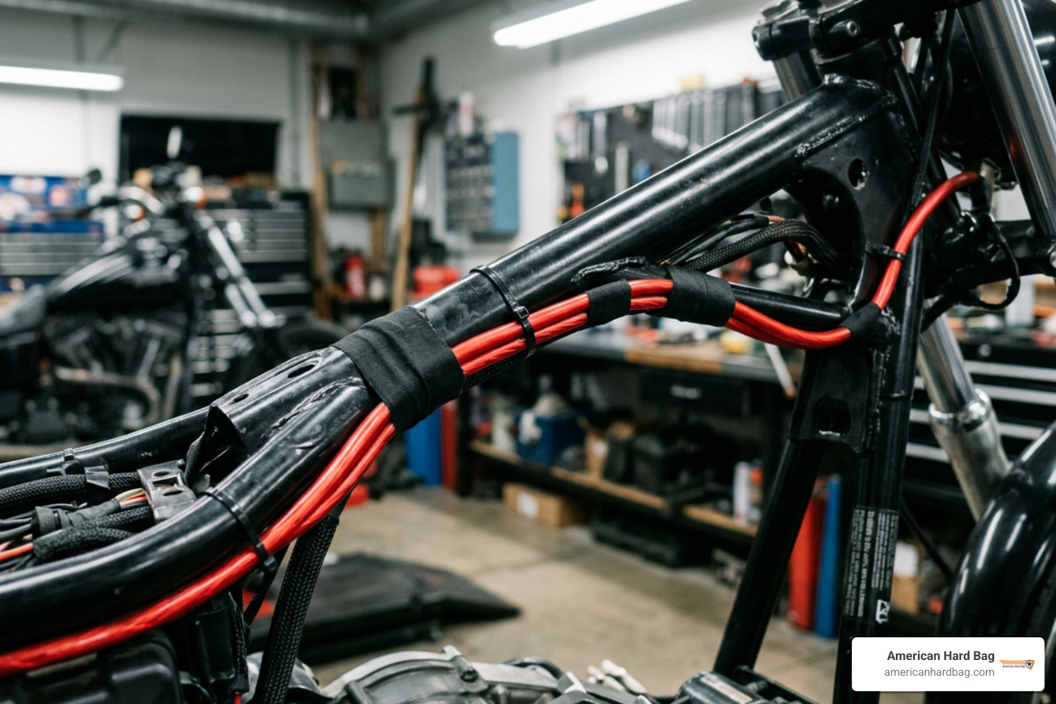 Amplifier power harness routing along frame backbone