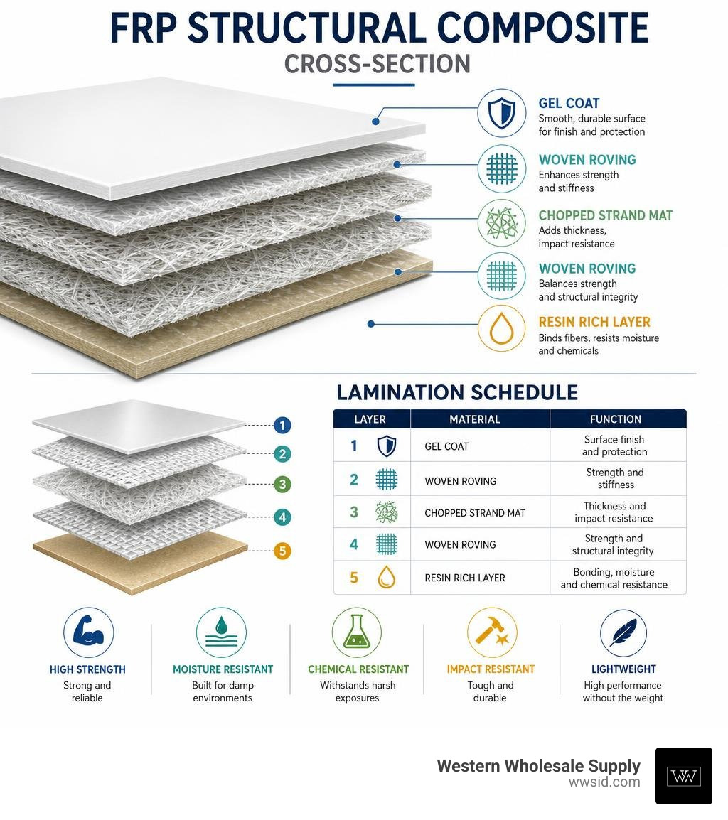 FRP structural composite cross-section and lamination schedule infographic FRP structural composite cross-section and lamination schedule infographic