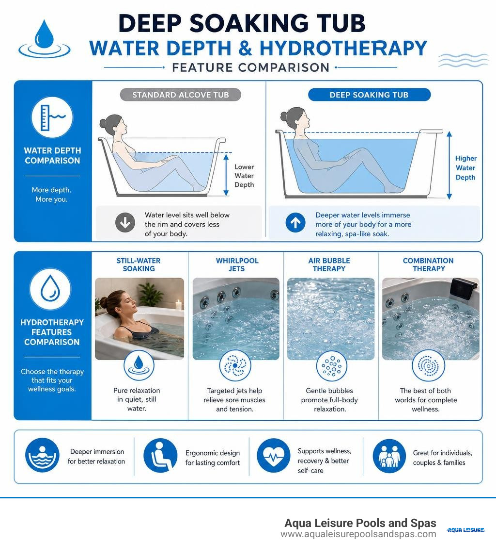 deep soaking tub water depth and hydrotherapy feature comparison infographic