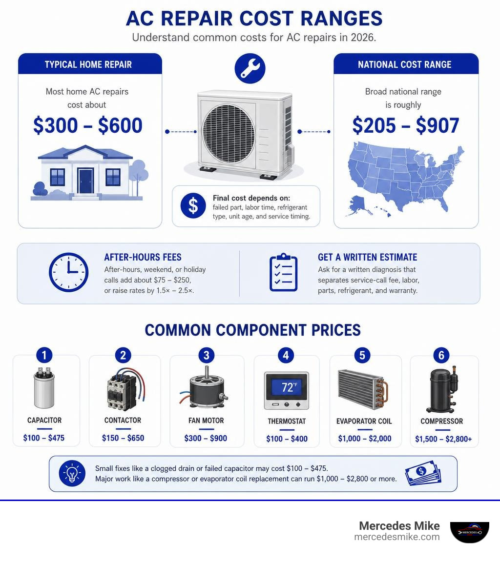AC repair cost ranges and common component prices infographic AC repair cost ranges and common component prices infographic