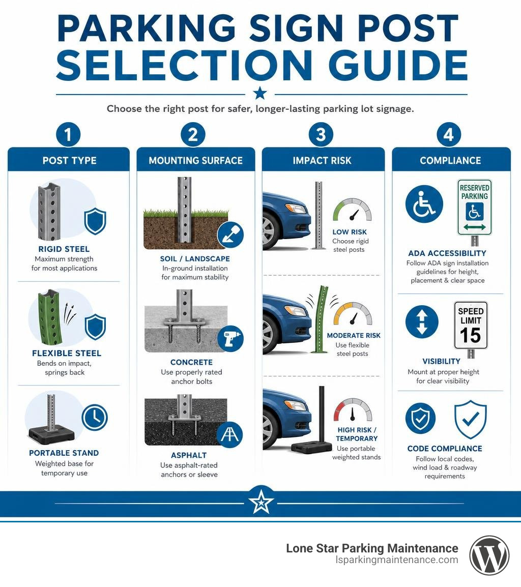 Parking sign post selection guide: post type, mounting surface, impact risk, and compliance infographic Parking sign post selection guide: post type, mounting surface, impact risk, and compliance infographic