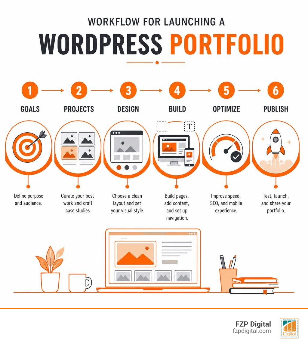 Workflow for launching a WordPress portfolio: goals, projects, design, build, optimize, publish infographic Workflow for launching a WordPress portfolio: goals, projects, design, build, optimize, publish infographic