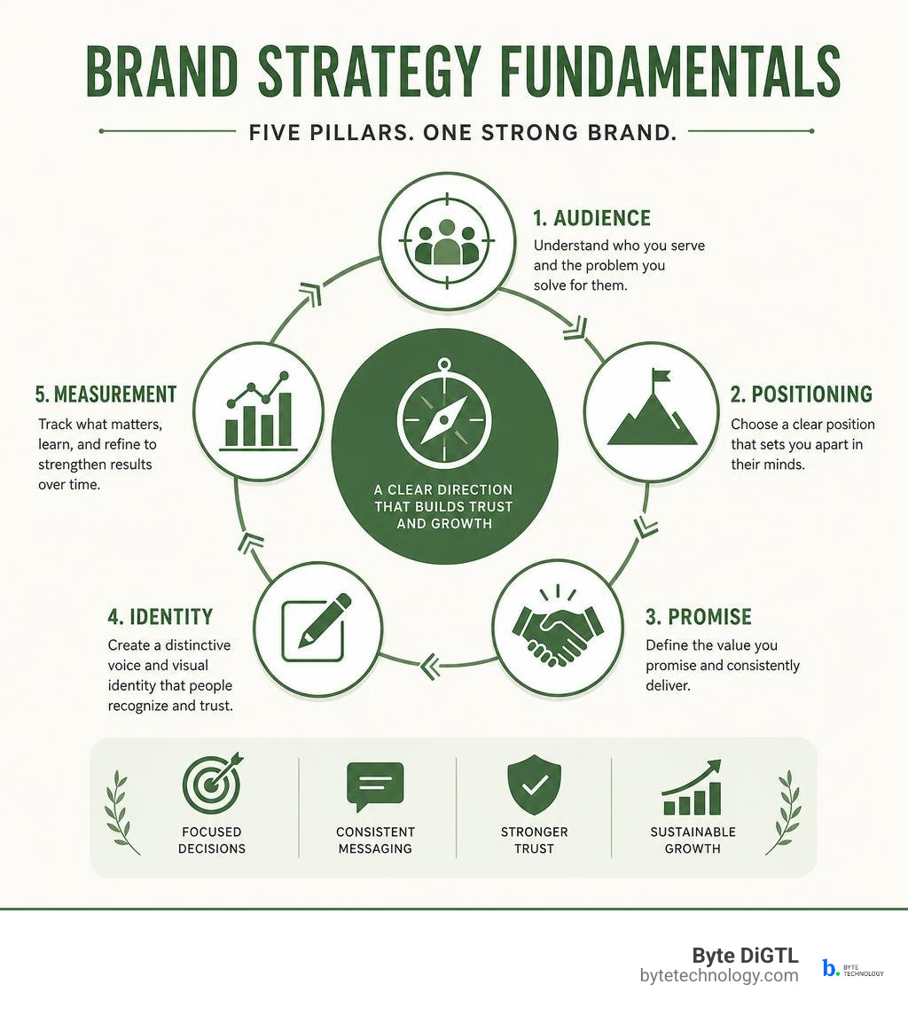 Brand strategy fundamentals: audience, positioning, promise, identity, and measurement infographic Brand strategy fundamentals: audience, positioning, promise, identity, and measurement infographic