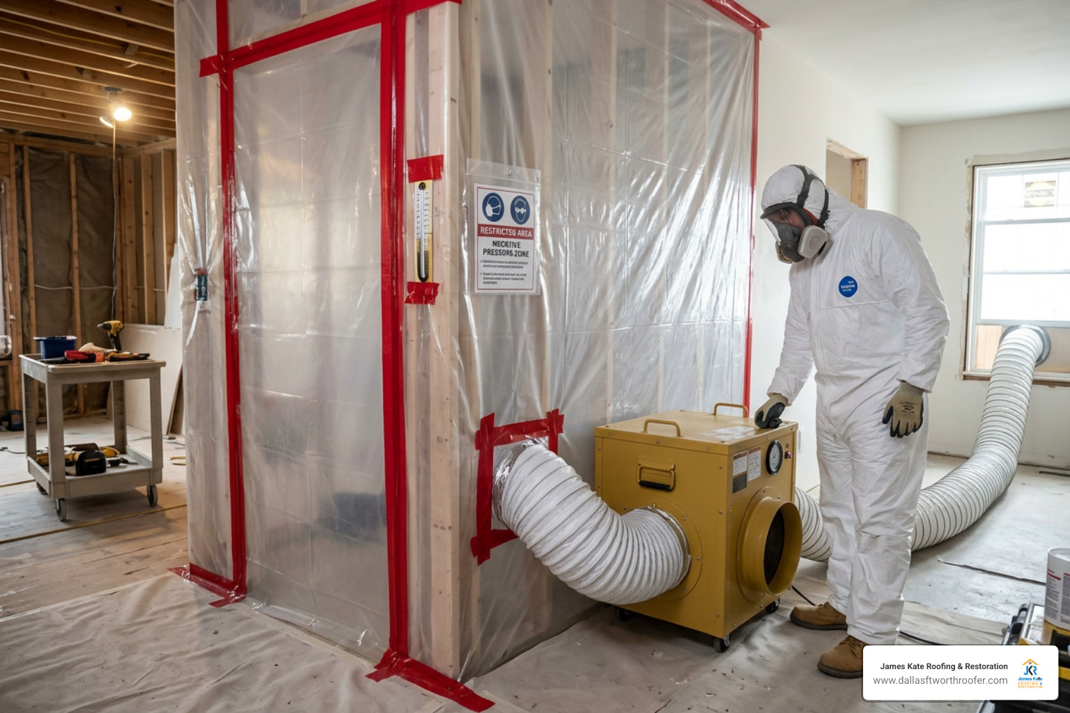 Professional containment barrier and negative air machine setup Professional containment barrier and negative air machine setup